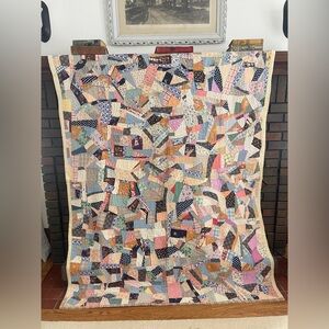 Antique Reversible Crazy Quilt Calico Feedsacks Nine Patch Farmhouse Blue